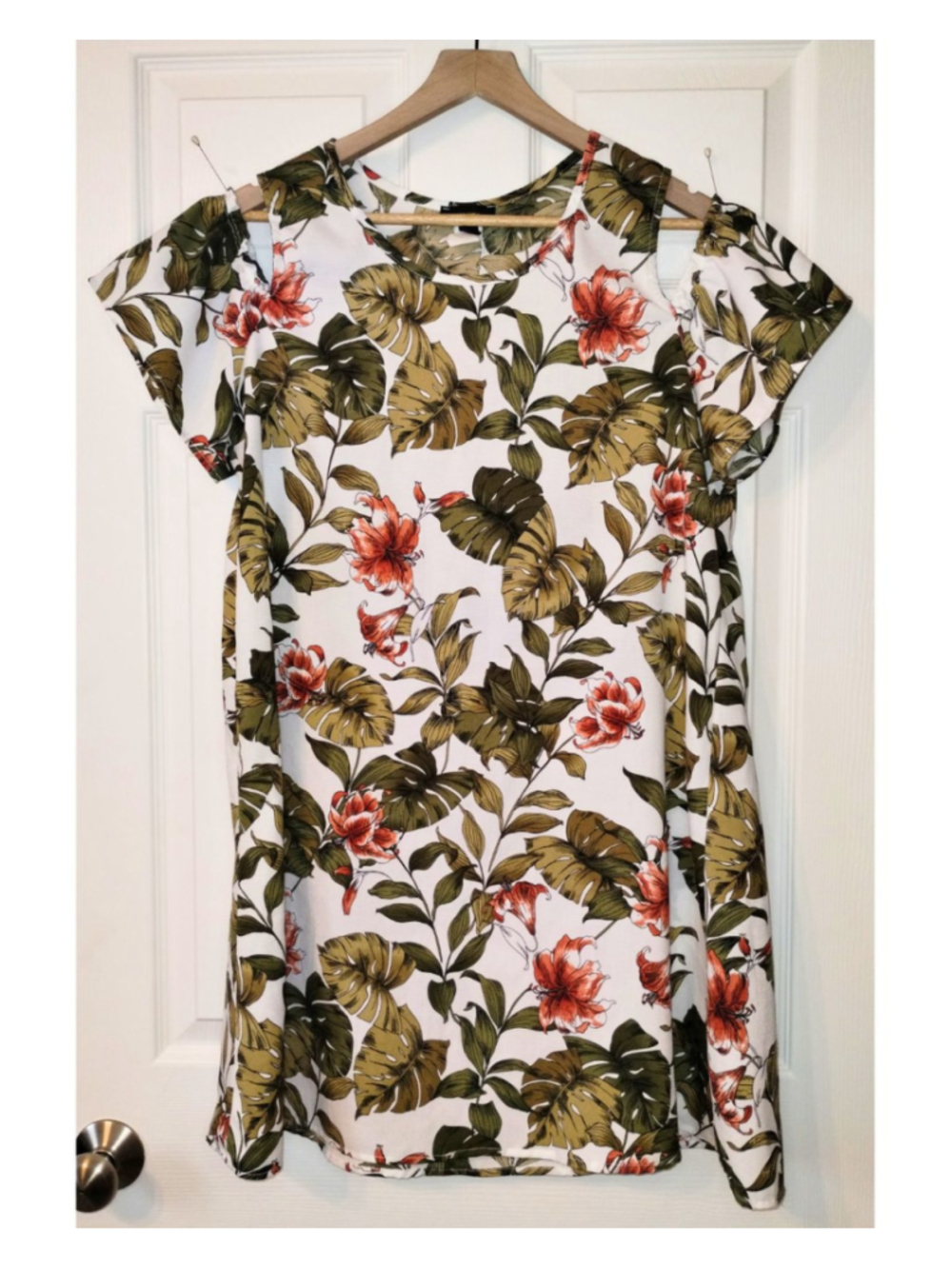 Women's Espresso Tropical Print Floral Cold-Shoulder Dress (Sz L)